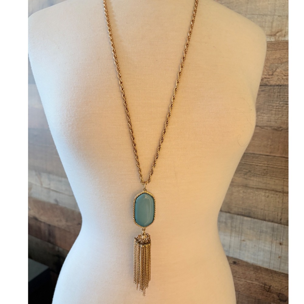 Simple Additions Gold Tone Turquoise Blue Resin Stone Tassel Pendant Necklace